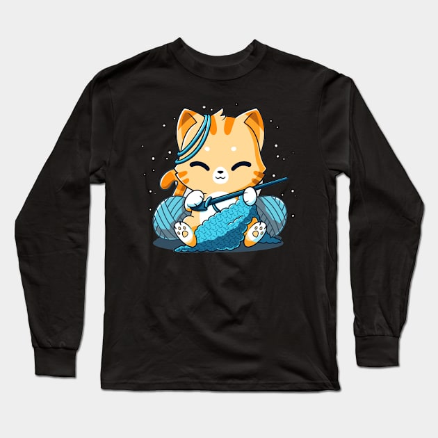 Cute Funny Cat Knitting - Animal Lover Long Sleeve T-Shirt by LazyMice